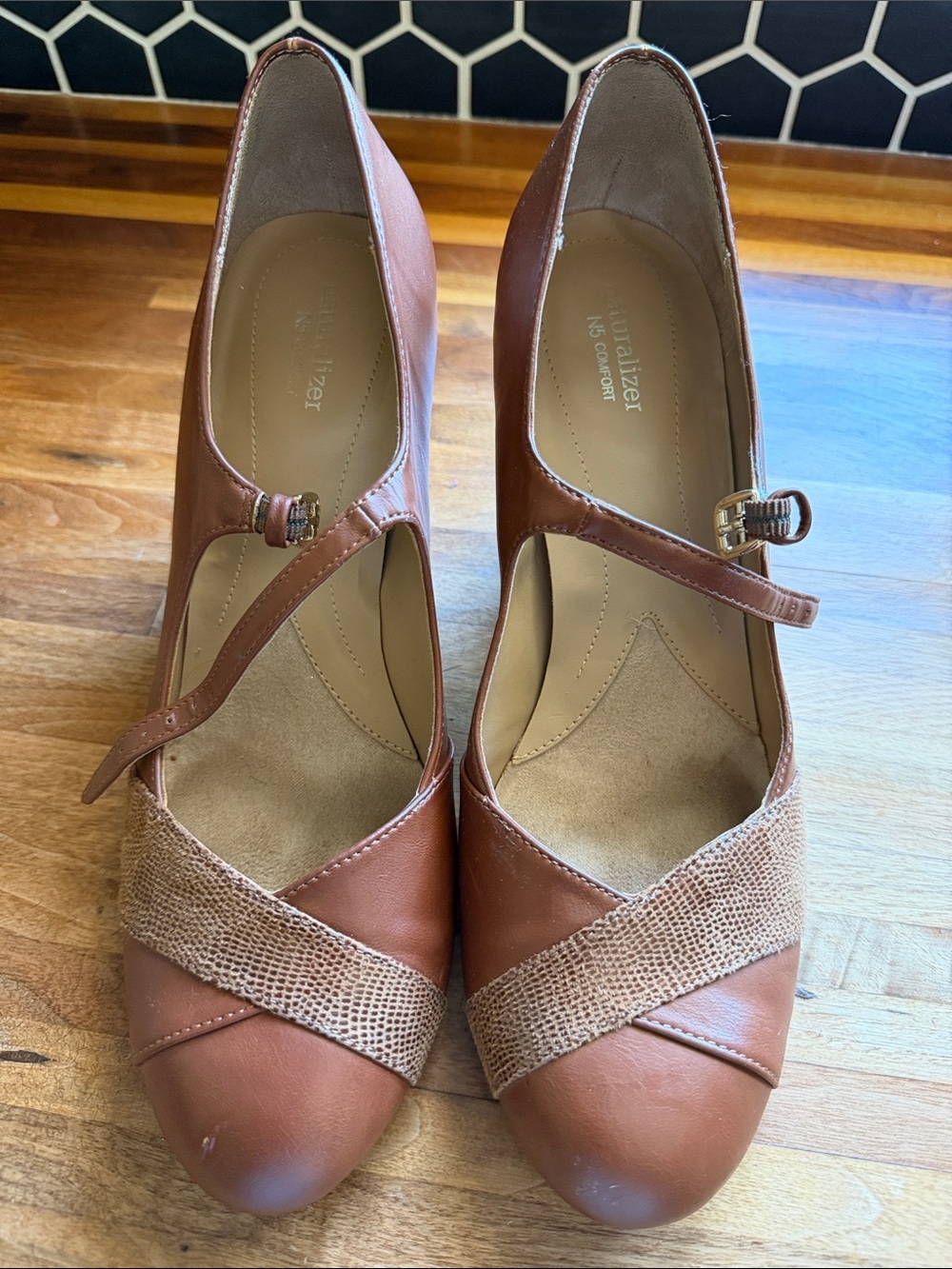 Naturalizer Brown Leather Cross-Strap Mary Jane Heels